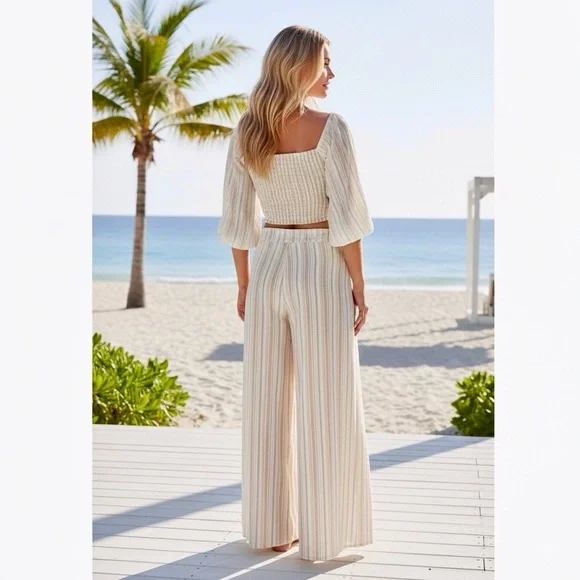 Anthropologie Peixoto Resort 2 piece Set Wide Leg Pant Crop Top Beach Wear M - Picture 3 of 16